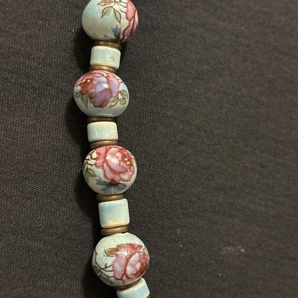 Vintage Hand Painted Porcelain Bead Necklace Turquoise Color Blue With Roses